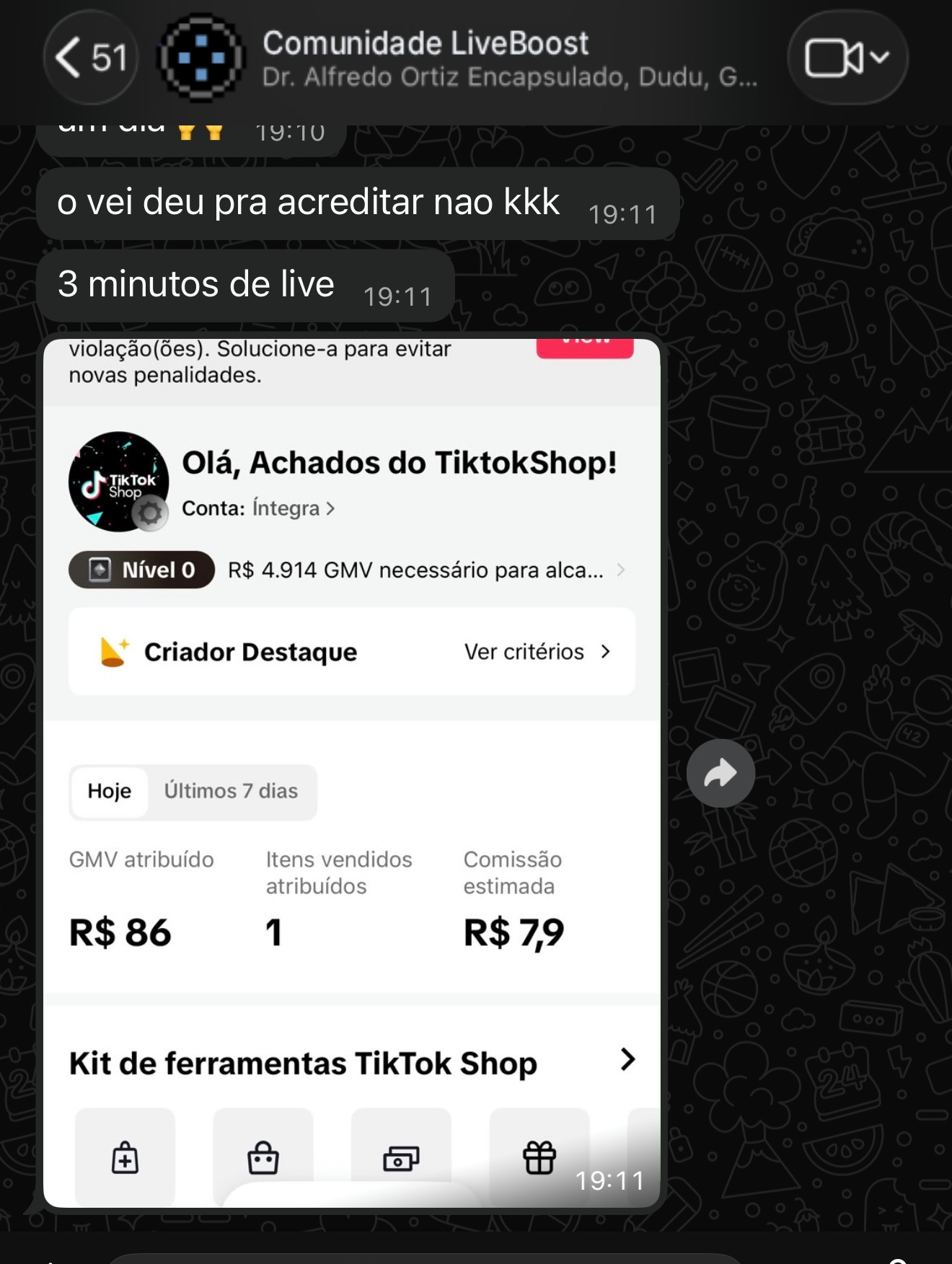 R$ 86 em 3 minutos de live automática